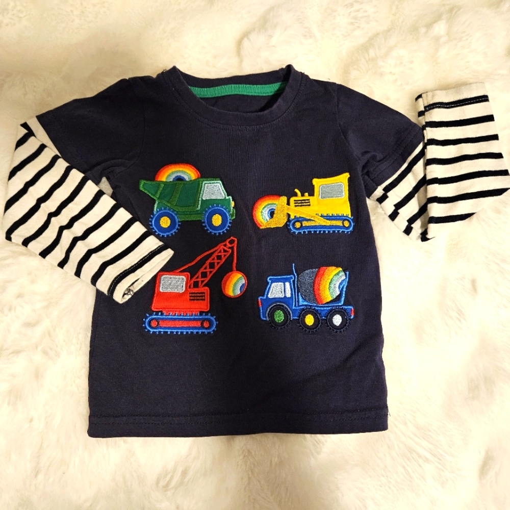 Baby Navy Long Sleeve Shirt with Colorful Construction Vehicles